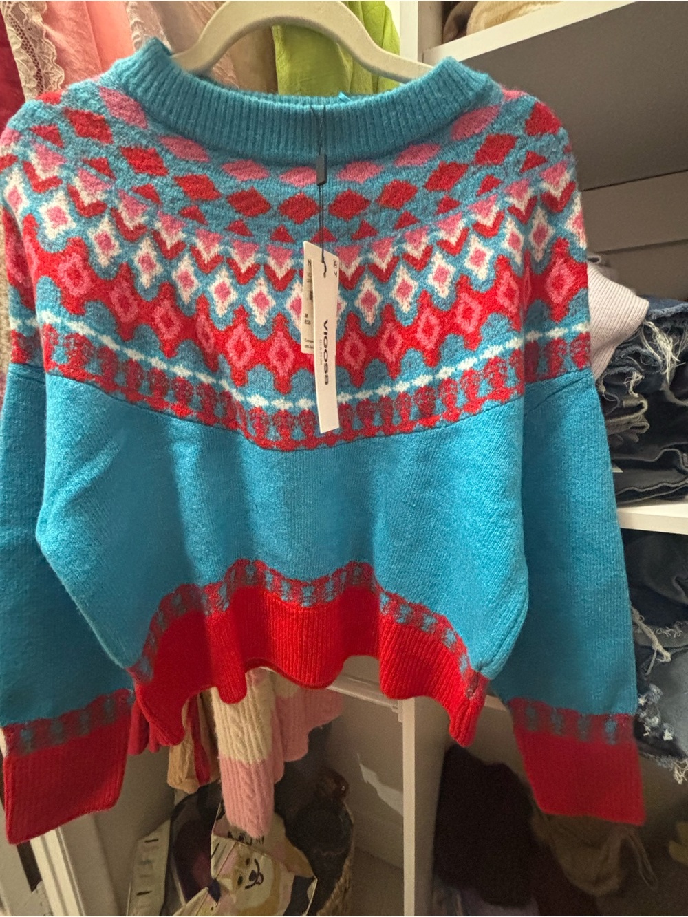 Vigoss Turquoise & Red Fair Isle Crewneck Sweater